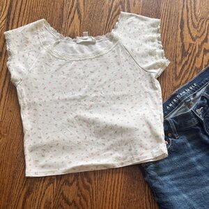 Junior’s White and Pink Lace Trim Top